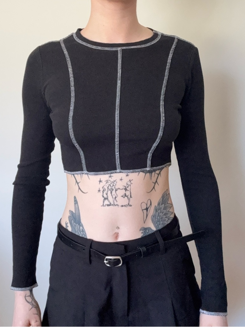 Garage Black Crop Top with Contrast white Stitching